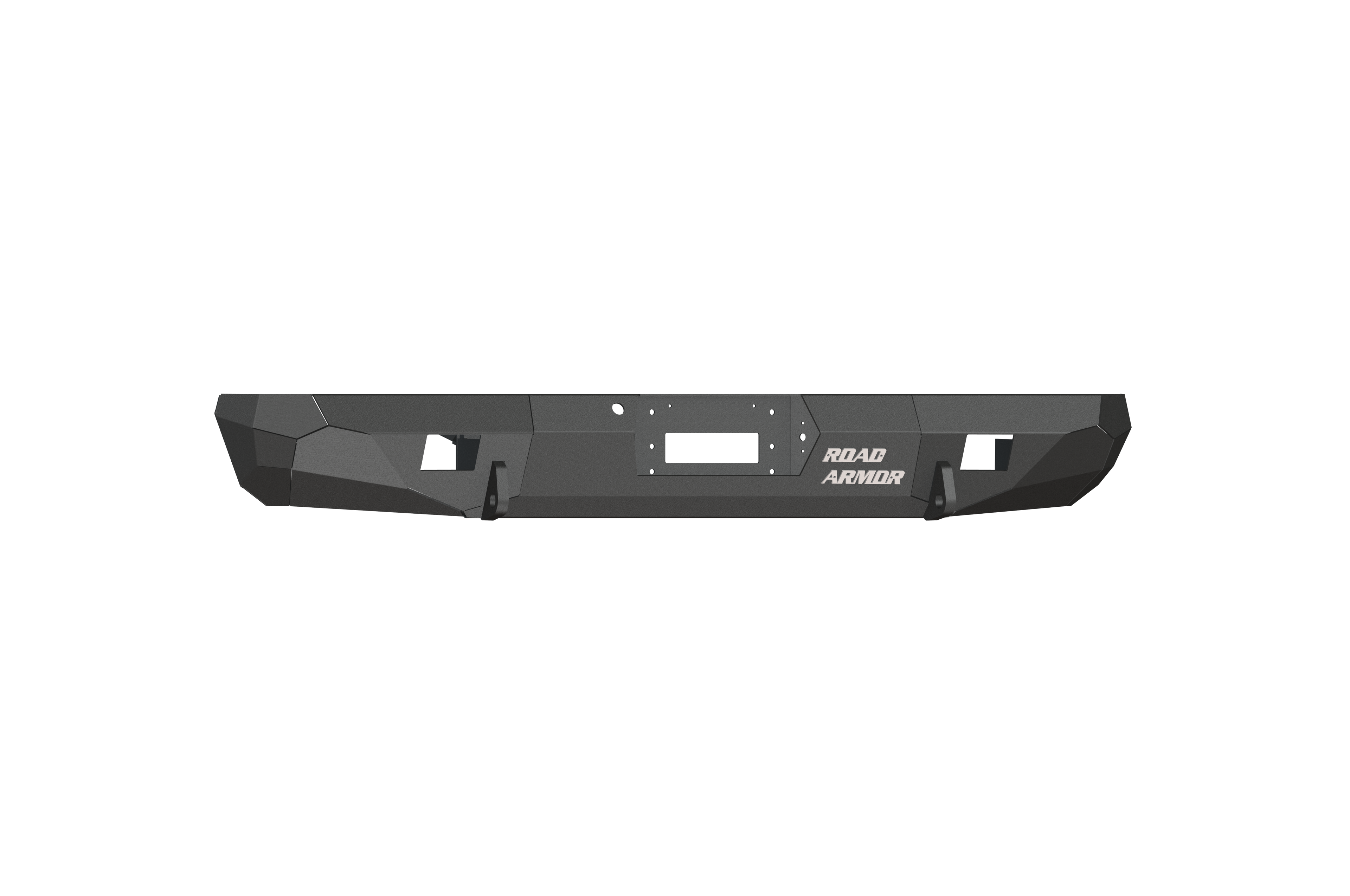 A 1999-2007 Ford F-250 Stealth Rear Winch Bumper in textured black steel, featuring a central winch slot for Warn M8000 or 9.5Xp, two rectangular light cutouts, and the white Road Armor logo on the right side against a plain white background.