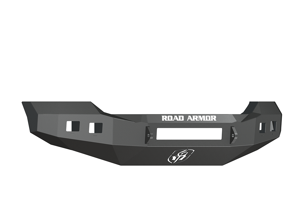 A 2011-2016 Ford F-250 Stealth Front Non-Winch Bumper in textured black metal with angular edges, ROAD ARMOR in white block letters at the top center, a stylized logo at the bottom, and isolated on a transparent background.
