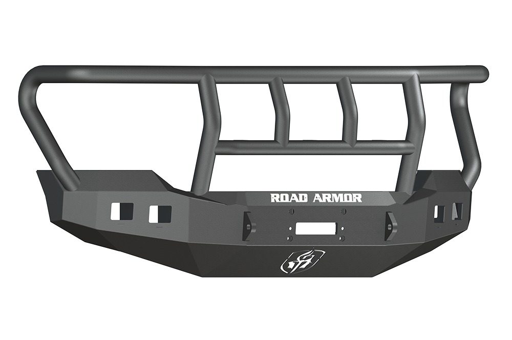 A textured black Stealth Front Winch Bumper for 2011-2016 Ford F-250 features the Titan II tubular grille guard, angular design, white ROAD ARMOR logo, and mounting points and cutouts for lights and a license plate. Compatible with Warn 16.5Ti.