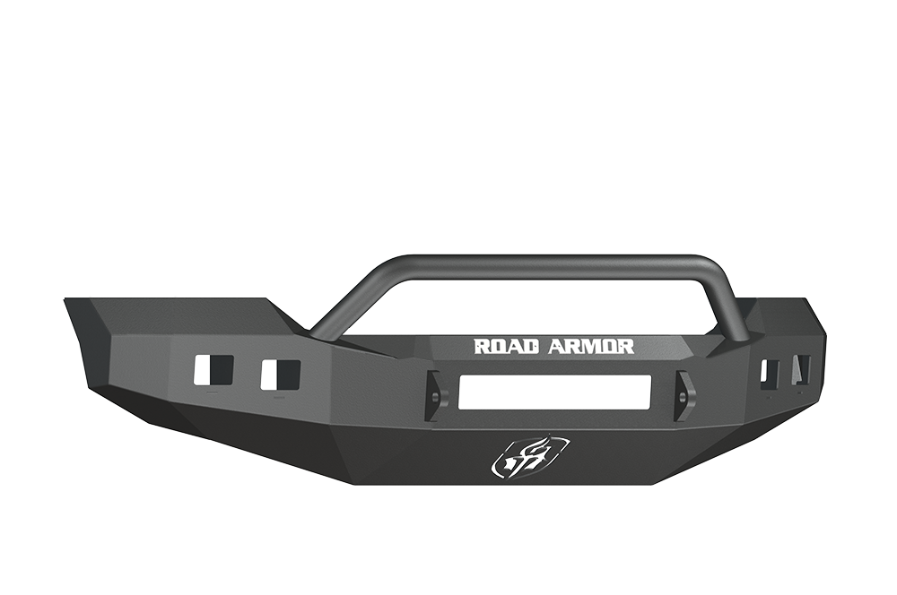 The 2011-2016 Ford F-250 Stealth Front Non-Winch Bumper Pre-Runner Guard in texture black features an angular design, robust grille guard bar, white ROAD ARMOR branding, accessory mounts, and a geometric Road Armor logo at the bottom center.