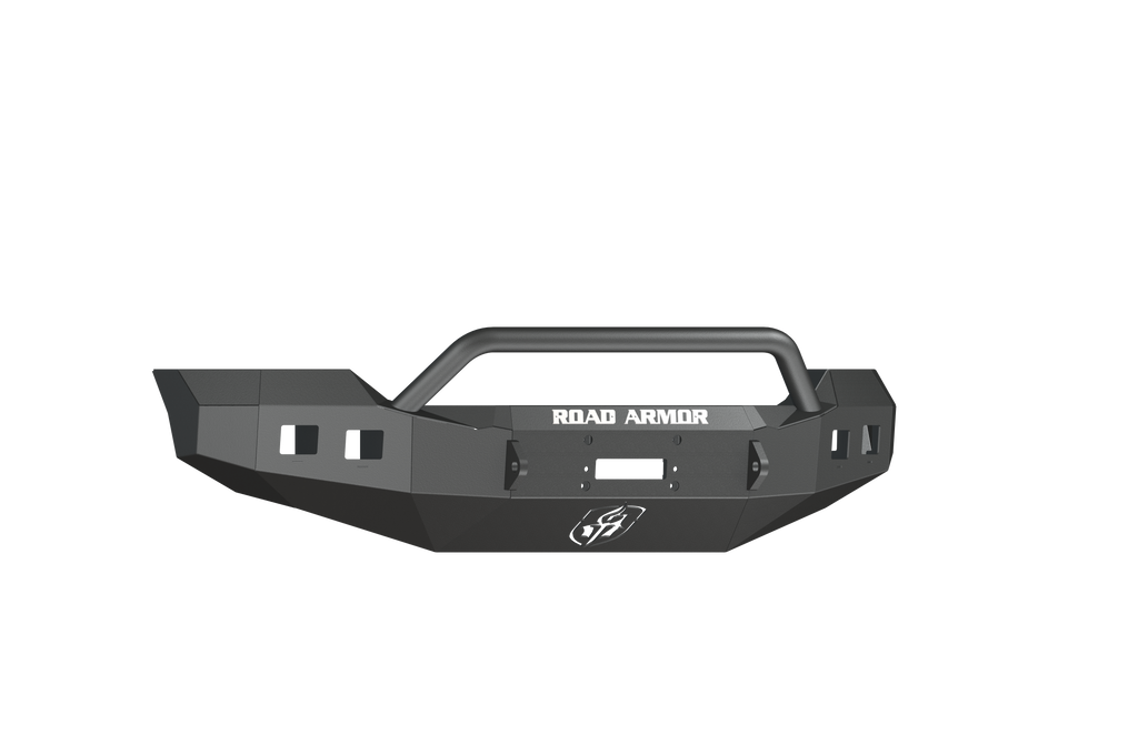The 2011-2016 Ford F-250 Stealth Front Winch Bumper features a textured black, angular design with pre-runner guard, tubular grille guard, winch mount (Warn 16.5Ti), light cutouts, and bold ROAD ARMOR branding across the front.