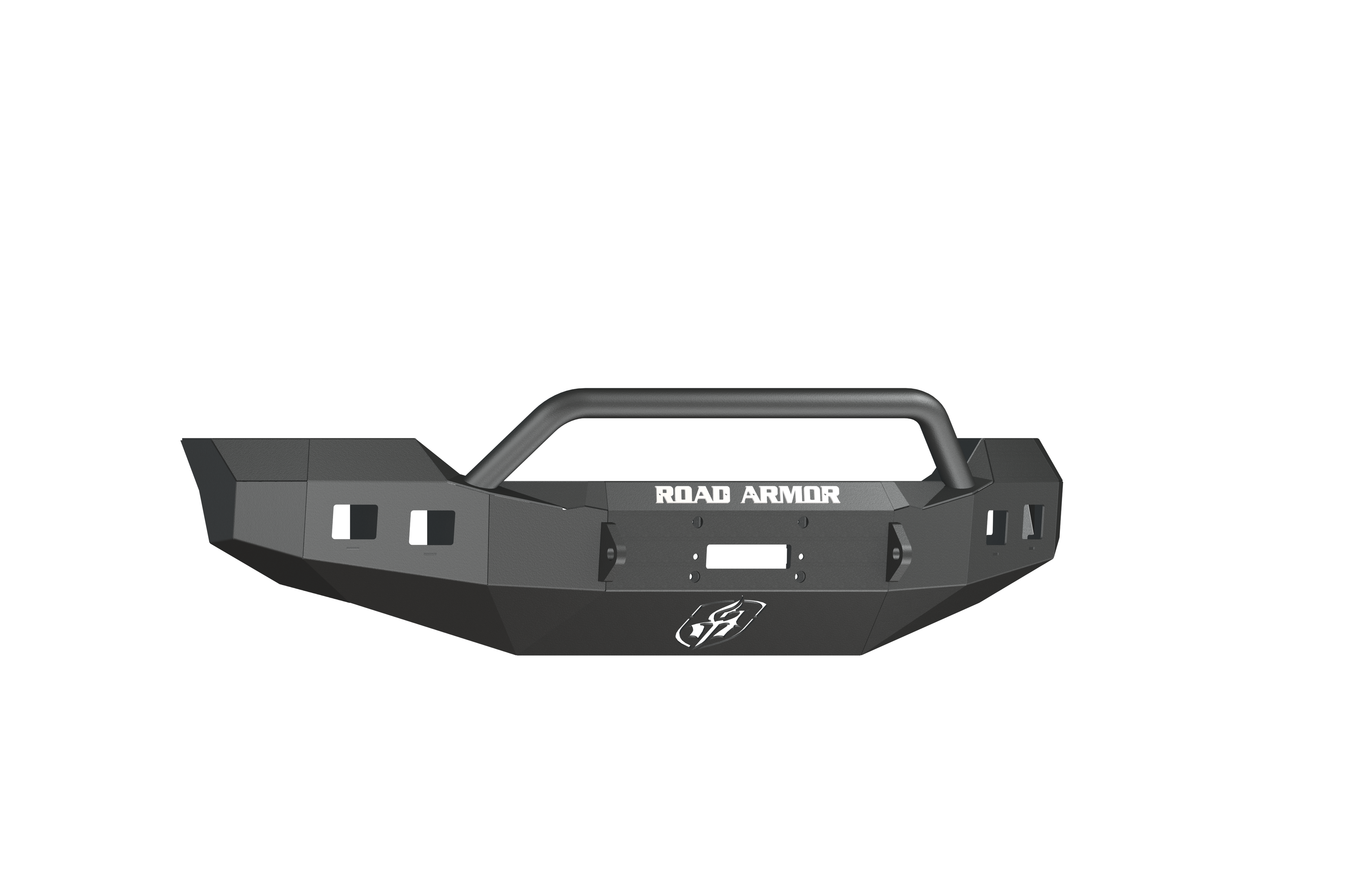 The 2011-2016 Ford F-250 Stealth Front Winch Bumper features a textured black, angular design with pre-runner guard, tubular grille guard, winch mount (Warn 16.5Ti), light cutouts, and bold ROAD ARMOR branding across the front.