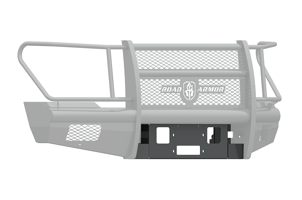 The 2011-2016 Ford F-250 Vaquero Front Winch Plate in texture black features mesh inserts, wide vertical and horizontal bars, center ROAD ARMOR branding, light and mounting cutouts, delivering rugged protection for your truck.