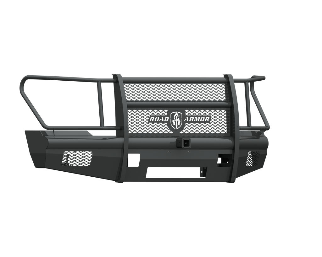 The 2011-2016 Ford F-250 Vaquero Front Non-Winch Bumper Full Guard features a textured black finish, mesh center, side headlight protectors, horizontal top bars, reinforced corners, 2-inch receiver, mounting brackets, and central logo above the license pl
