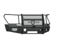 The 2011-2016 Ford F-250 Vaquero Front Non-Winch Bumper Full Guard features a textured black finish, mesh center, side headlight protectors, horizontal top bars, reinforced corners, 2-inch receiver, mounting brackets, and central logo above the license pl