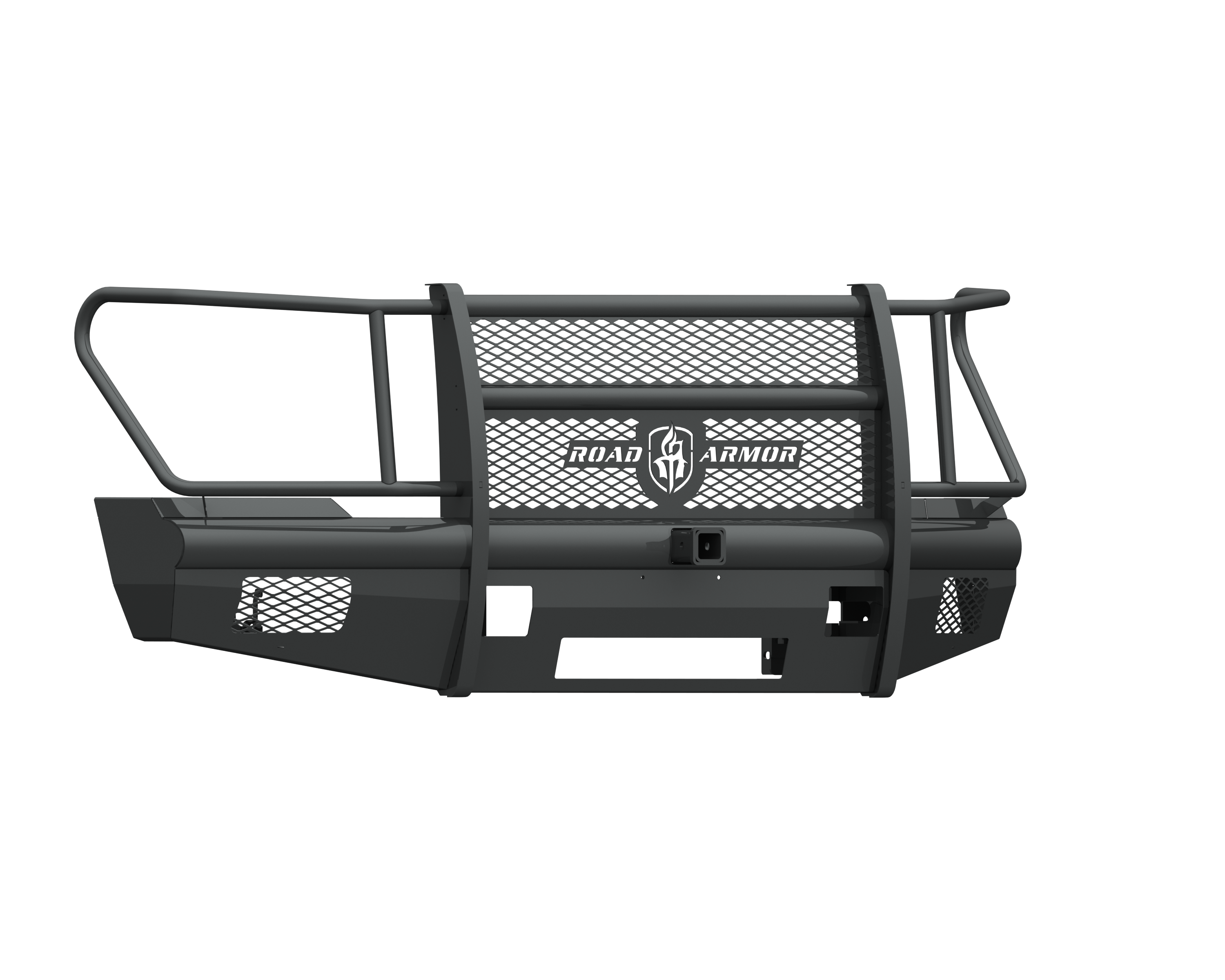 The 2011-2016 Ford F-250 Vaquero Front Non-Winch Bumper Full Guard features a textured black finish, mesh center, side headlight protectors, horizontal top bars, reinforced corners, 2-inch receiver, mounting brackets, and central logo above the license pl
