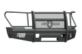 The 2011-2016 Ford F-250 Vaquero Front Non-Winch Bumper Full Guard in texture black features a heavy-duty metal build with mesh center, side guards, Road Armor shield logo, and mounting cutouts for lights, offering full front-end protection.