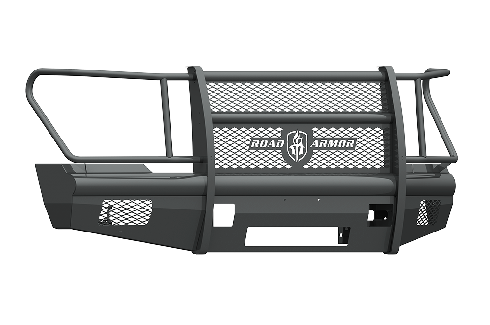 The 2011-2016 Ford F-250 Vaquero Front Non-Winch Bumper Full Guard in texture black features a heavy-duty metal build with mesh center, side guards, Road Armor shield logo, and mounting cutouts for lights, offering full front-end protection.