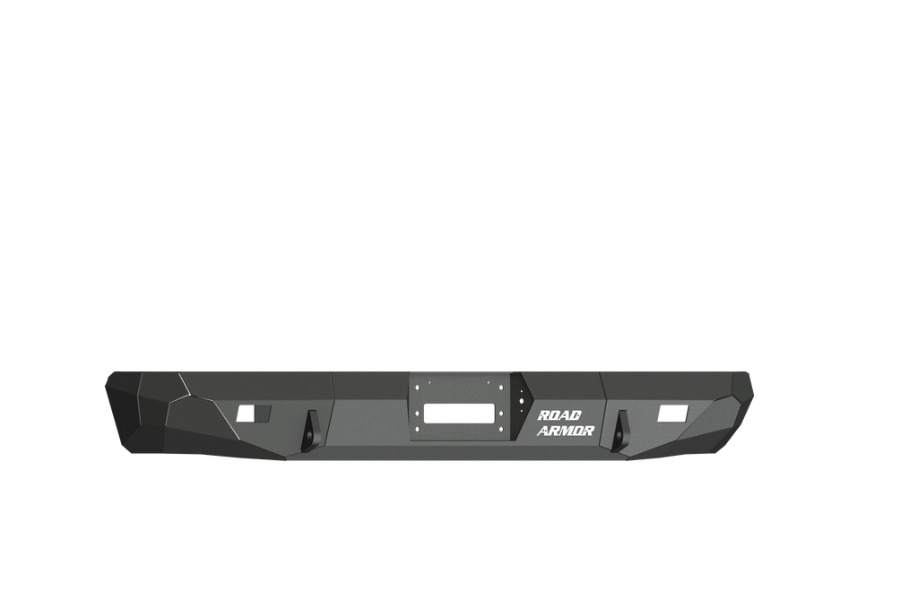 A black, angular Stealth Rear Winch Bumper for 2000-2005 Ford Excursion features a centered winch mount compatible with Warn M8000 or 9.5Xp, two tow hook openings, and ROAD ARMOR logo on the right—rugged, geometric matte finish.