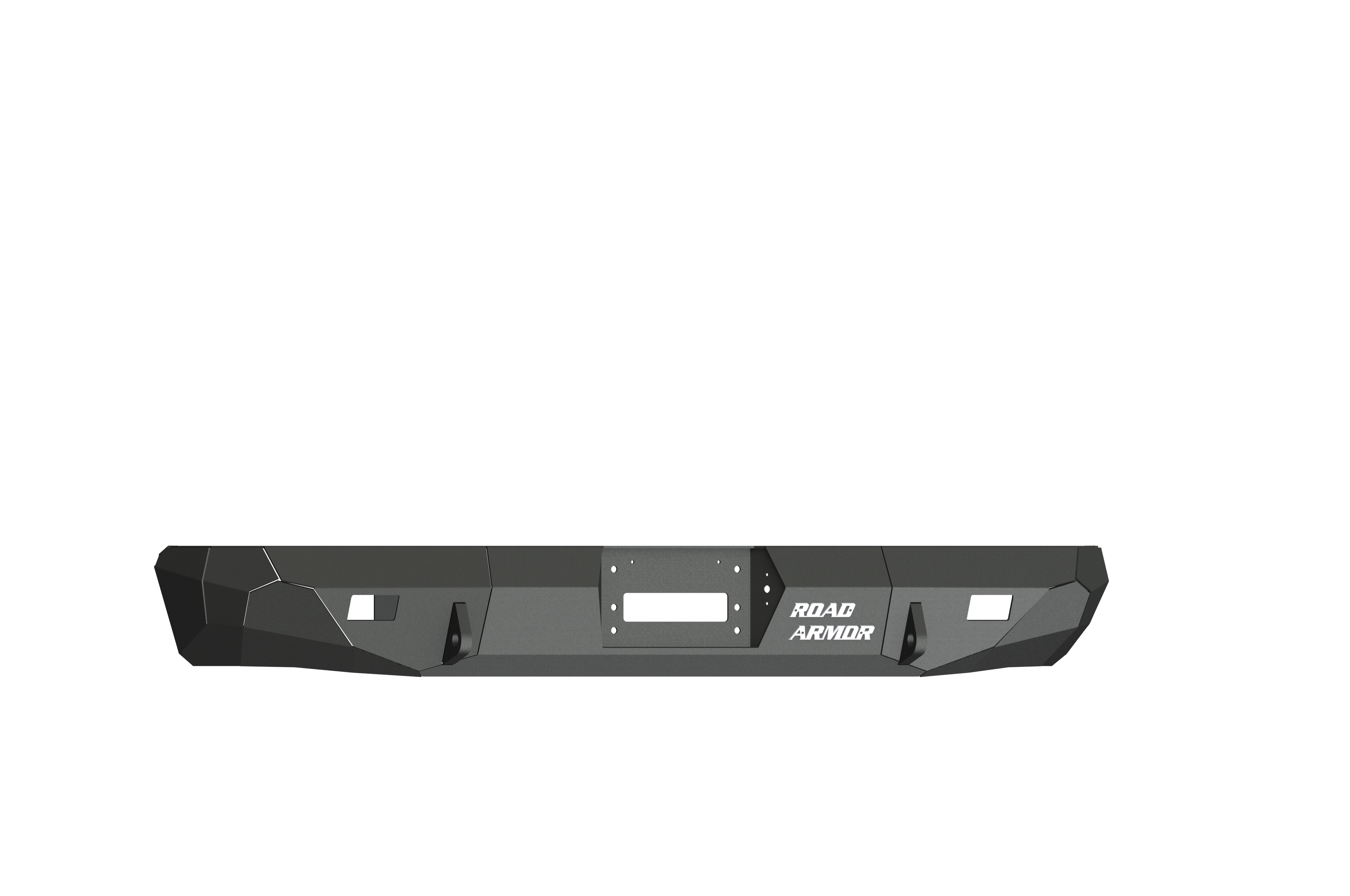 A black, angular Stealth Rear Winch Bumper for 2000-2005 Ford Excursion features a centered winch mount compatible with Warn M8000 or 9.5Xp, two tow hook openings, and ROAD ARMOR logo on the right—rugged, geometric matte finish.