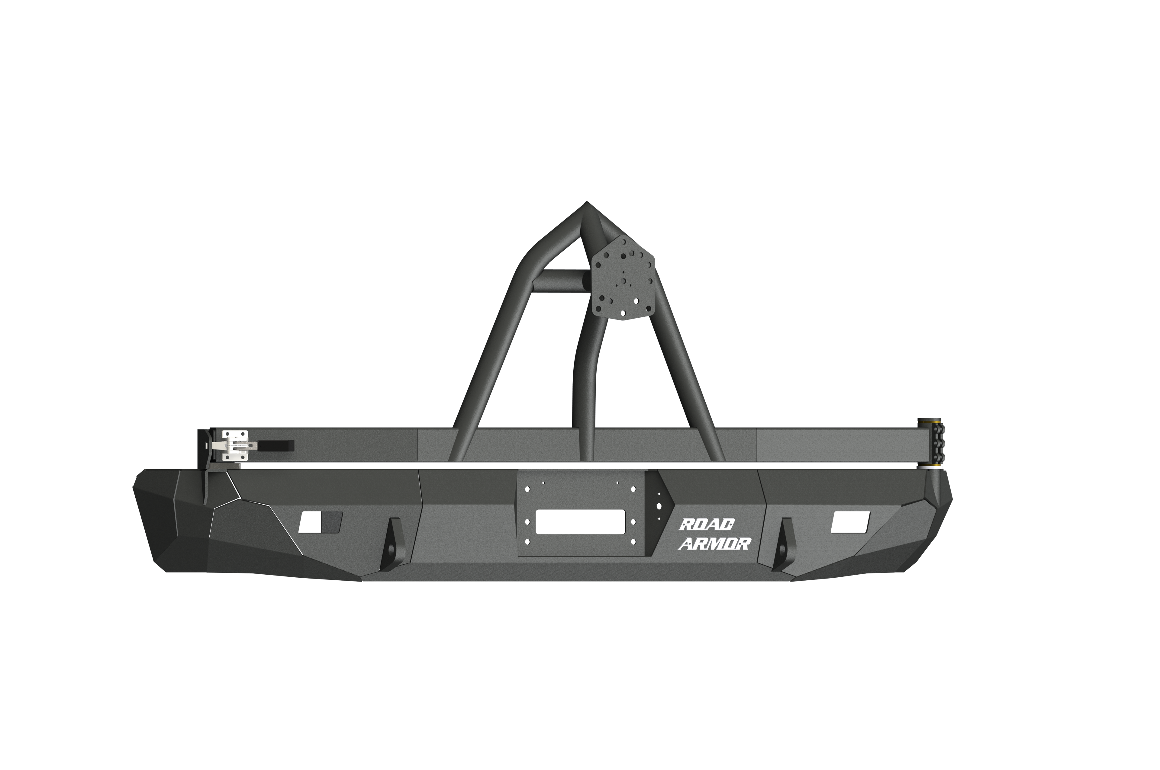 A textured black Stealth Rear Winch Bumper with tire carrier for 1999-2007 Ford Excursion, featuring angular design, reinforced center hoop, winch slot for Warn M8000/9.5Xp, multiple mounting points, and white Road Armor logo for rugged protection.