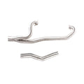 Two clean, unfinished Can Am® Outlander L (15-19) head pipes are shown on a white background—a larger pipe with several bends, flanges, and welded joints above a smaller, simpler pipe with two gentle curves.