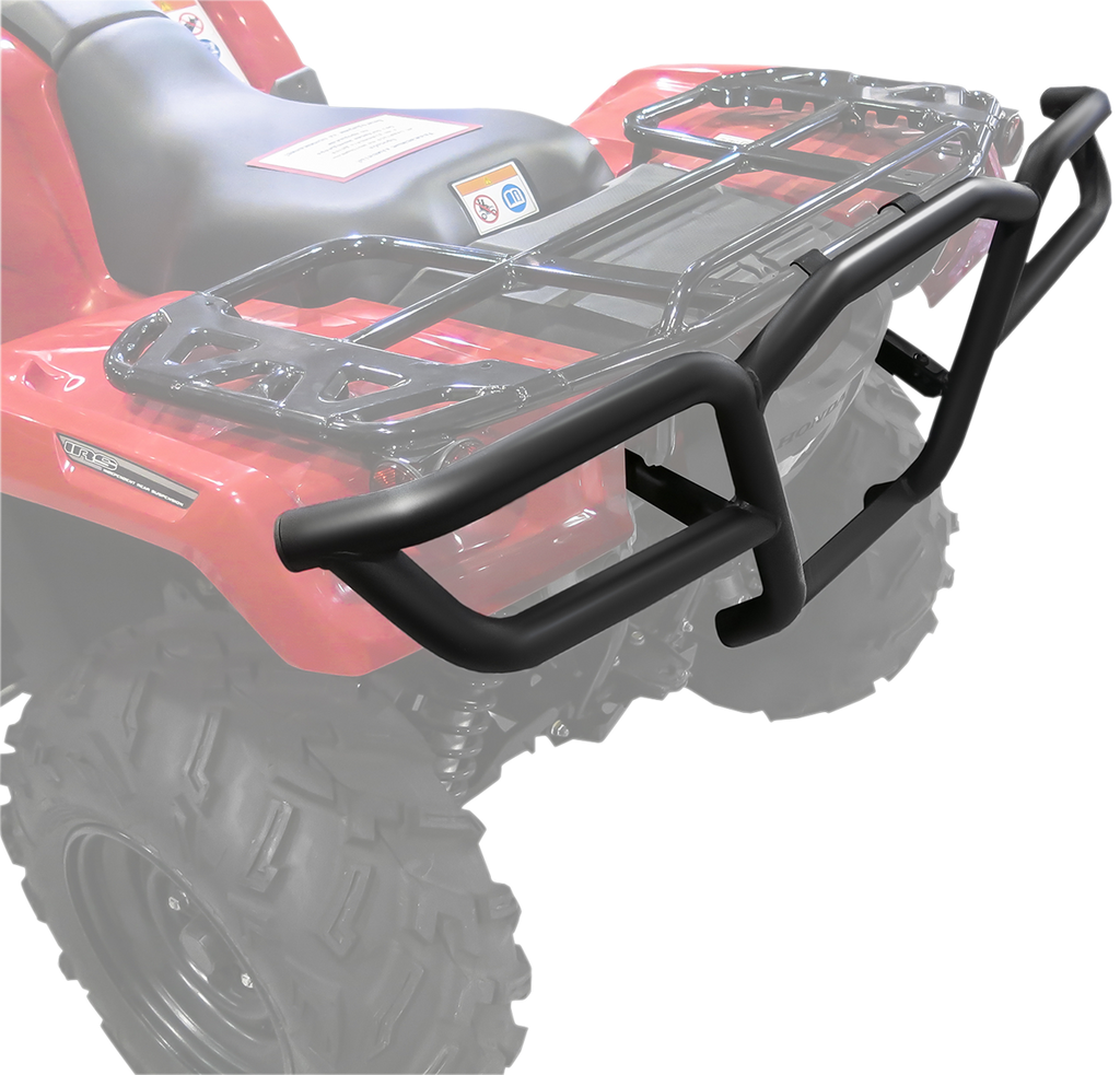 Close-up of a rear-mounted black metal bumper and cargo rack attached to the back of a red all-terrain vehicle (ATV). The bumper has sturdy tubular bars for protection, and the cargo rack is designed for carrying gear. Parts of the ATV are faded out.