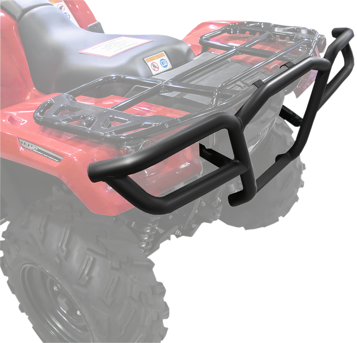 Close-up of a rear-mounted black metal bumper and cargo rack attached to the back of a red all-terrain vehicle (ATV). The bumper has sturdy tubular bars for protection, and the cargo rack is designed for carrying gear. Parts of the ATV are faded out.