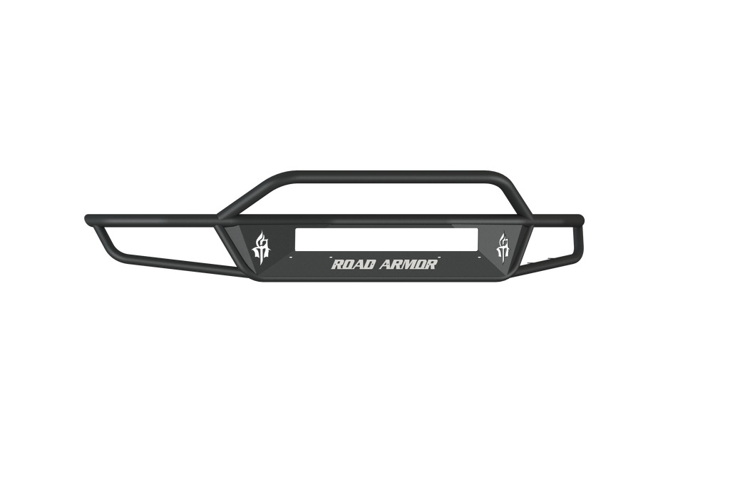 The 2010-2014 Ford Raptor Sahara Front Non-Winch Bumper Pre-Runner Guard in textured black features angular bars, white ROAD ARMOR text on the center plate, torch-like logos on each side, and a rectangular cutout.