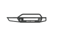 The 2010-2014 Ford Raptor Sahara Front Non-Winch Bumper Pre-Runner Guard in textured black features angular bars, white ROAD ARMOR text on the center plate, torch-like logos on each side, and a rectangular cutout.
