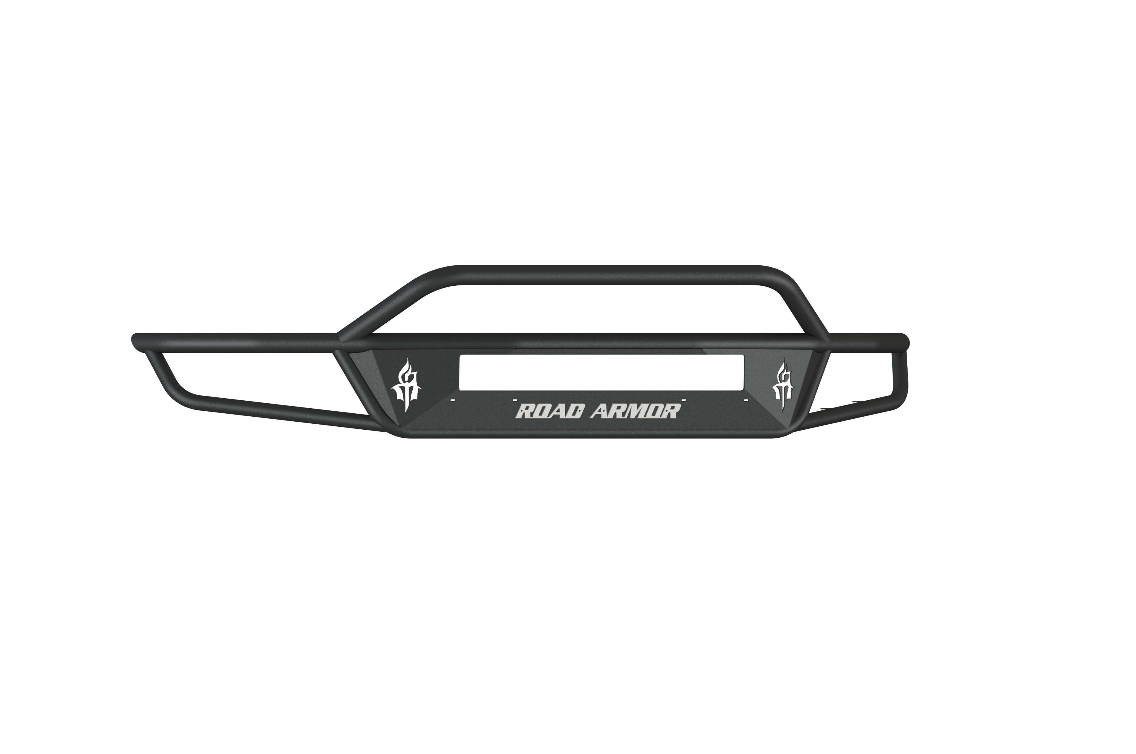 The 2010-2014 Ford Raptor Sahara Front Non-Winch Bumper Pre-Runner Guard in textured black features angular bars, white ROAD ARMOR text on the center plate, torch-like logos on each side, and a rectangular cutout.
