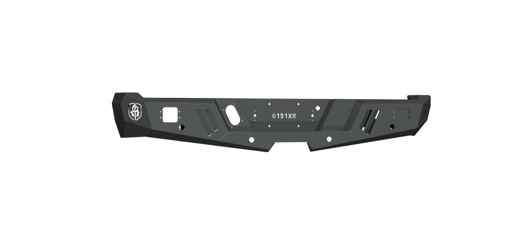 A matte textured black metal off-road bumper with angular edges, cutouts, and mounting holes. It features a stylized badge on the left and Road Armor engraving, designed for 2015+ Ford F150 trucks. Background is transparent.