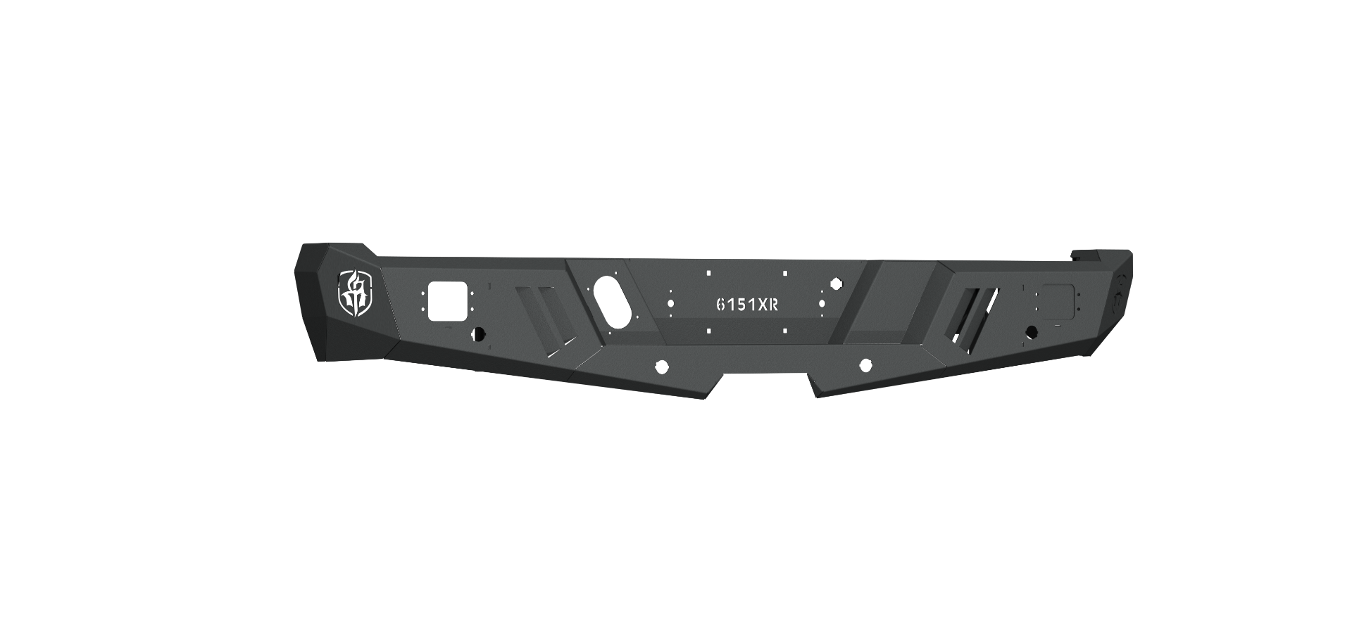 A matte textured black metal off-road bumper with angular edges, cutouts, and mounting holes. It features a stylized badge on the left and Road Armor engraving, designed for 2015+ Ford F150 trucks. Background is transparent.