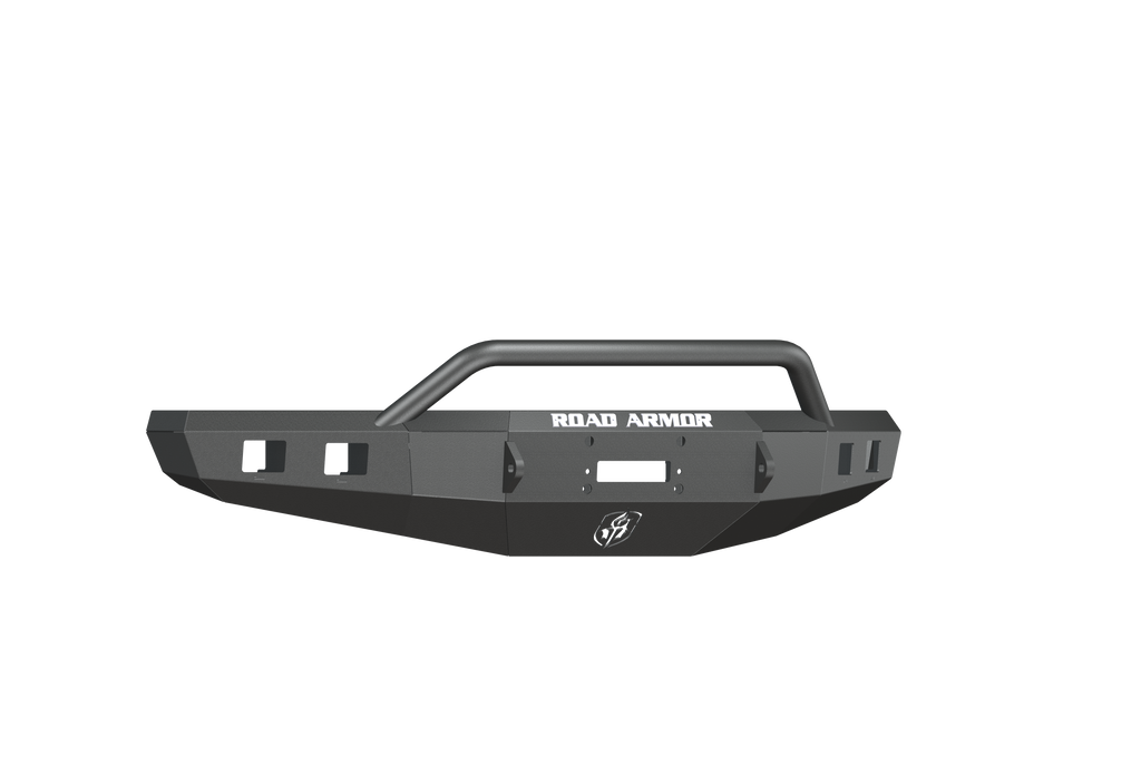 A textured black 2015-2017 Ford F-150 Stealth Front Winch Bumper with Pre-Runner Guard features an angular design, built-in bull bar, winch and shackle mounts, a center emblem, and white ROAD ARMOR branding on a transparent background.