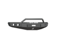 A textured black 2015-2017 Ford F-150 Stealth Front Winch Bumper with Pre-Runner Guard features an angular design, built-in bull bar, winch and shackle mounts, a center emblem, and white ROAD ARMOR branding on a transparent background.