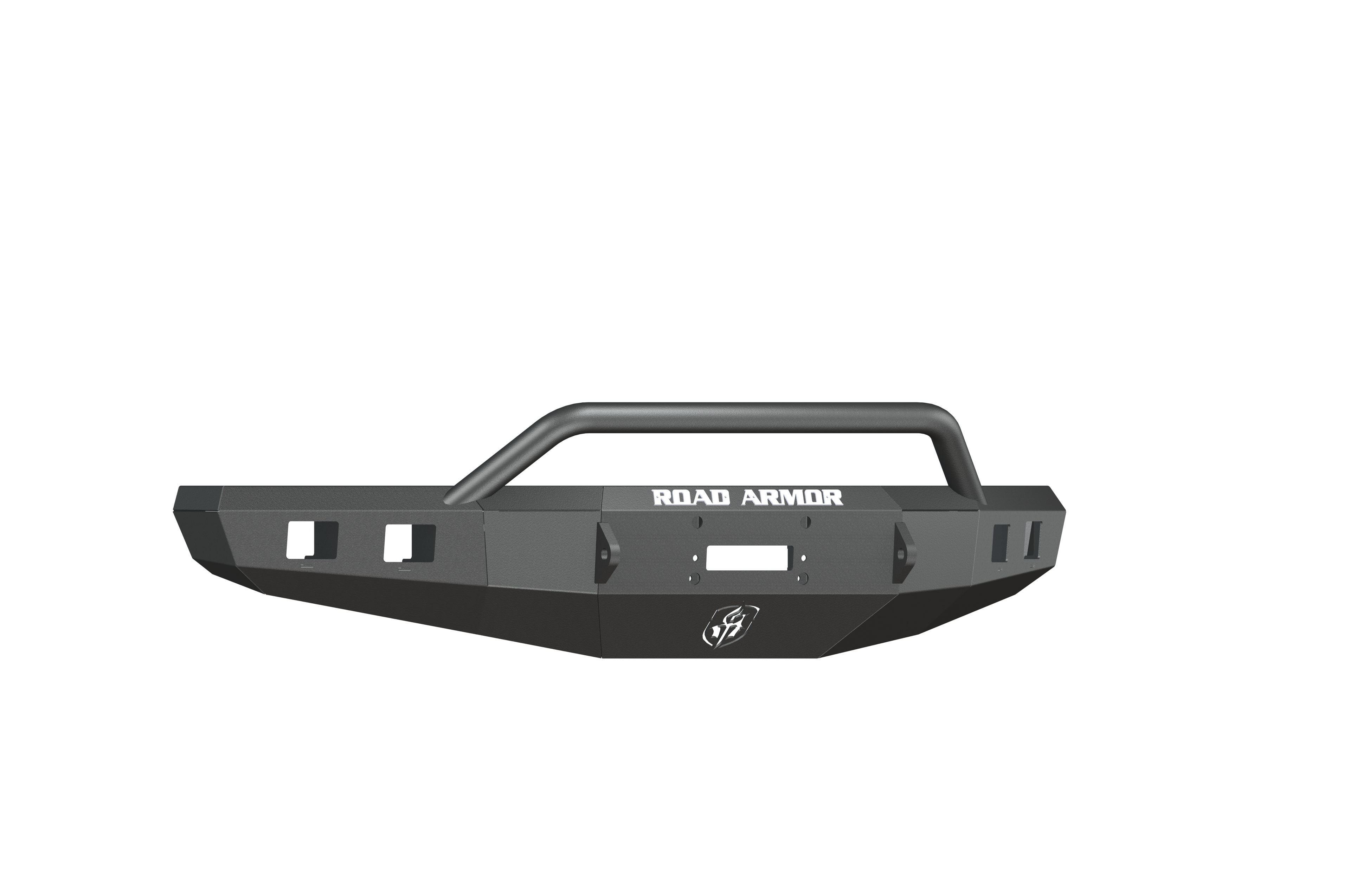A textured black 2015-2017 Ford F-150 Stealth Front Winch Bumper with Pre-Runner Guard features an angular design, built-in bull bar, winch and shackle mounts, a center emblem, and white ROAD ARMOR branding on a transparent background.