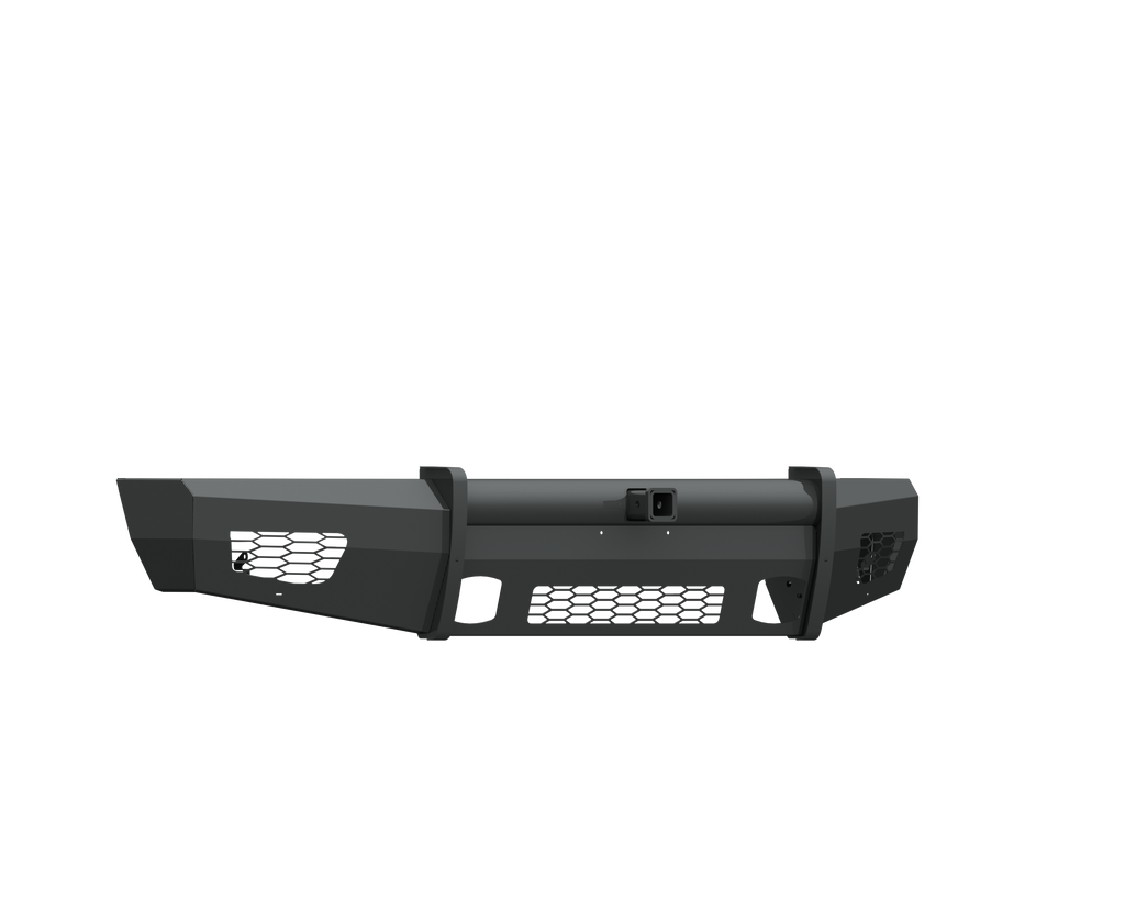 The 2015-2017 Ford F-150 Vaquero Front Non-Winch Bumper 2-In Receiver in texture black features mesh vents, angular design, reinforced ends, cutouts for airflow, a central mounting bracket, and modern styling for enhanced durability and protection.