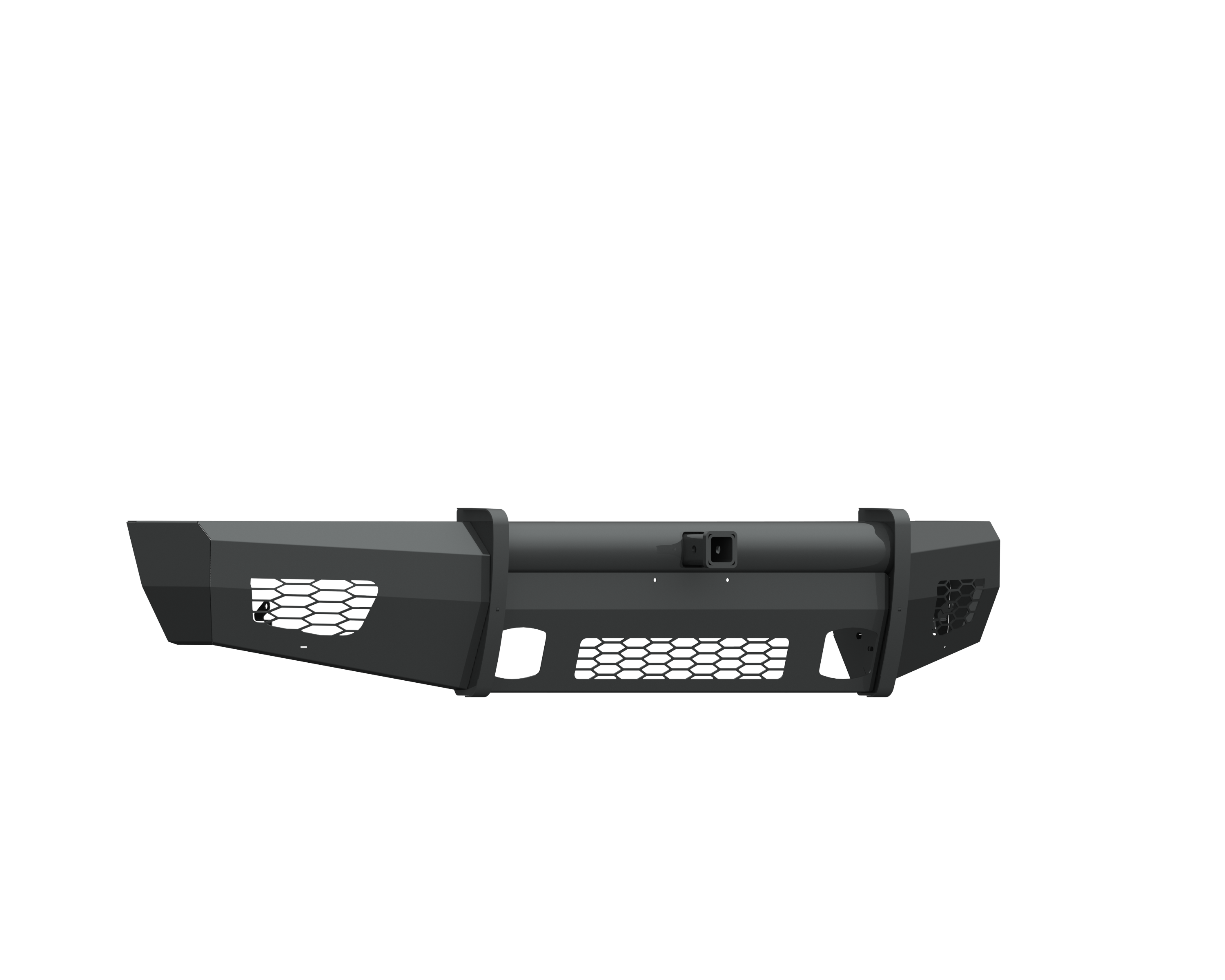 The 2015-2017 Ford F-150 Vaquero Front Non-Winch Bumper 2-In Receiver in texture black features mesh vents, angular design, reinforced ends, cutouts for airflow, a central mounting bracket, and modern styling for enhanced durability and protection.