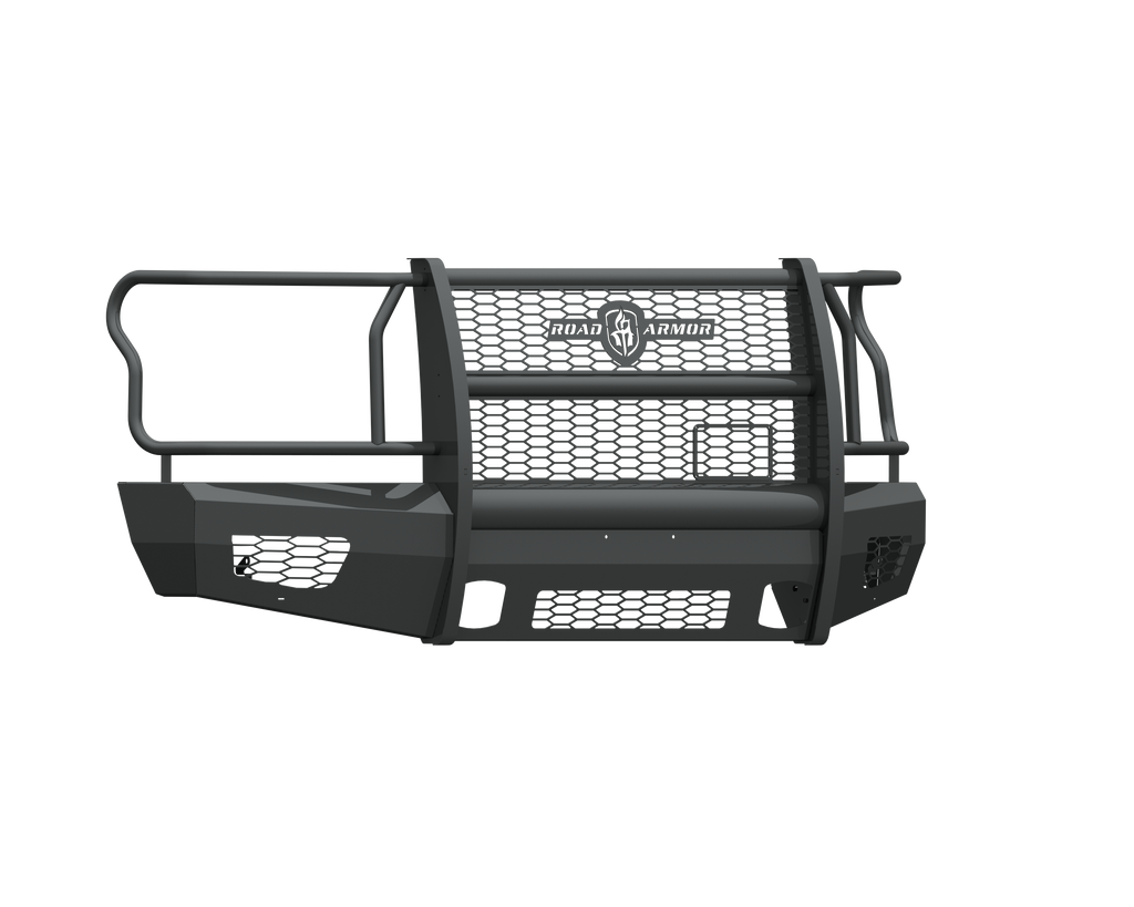 The 2015-2017 Ford F-150 Vaquero Front Non-Winch Bumper Full Guard in texture black features mesh panels, side rails, angular corners, vent-like openings at the bottom, and protective metal tubing around the top and sides.