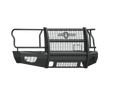 The 2015-2017 Ford F-150 Vaquero Front Non-Winch Bumper Full Guard in texture black features mesh panels, side rails, angular corners, vent-like openings at the bottom, and protective metal tubing around the top and sides.