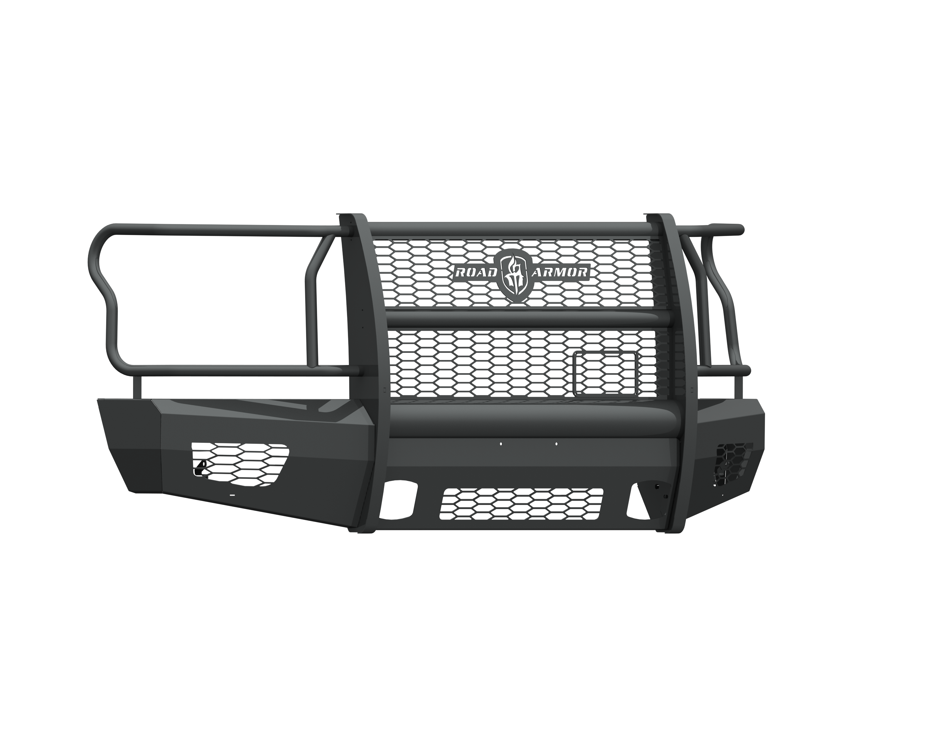 The 2015-2017 Ford F-150 Vaquero Front Non-Winch Bumper Full Guard in texture black features mesh panels, side rails, angular corners, vent-like openings at the bottom, and protective metal tubing around the top and sides.