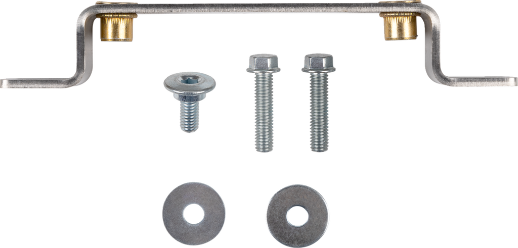 A metal bracket with gold-colored ends, two silver screws, one silver bolt, and two round washers are arranged on a white background. The parts appear organized in a neat, horizontal and vertical alignment.