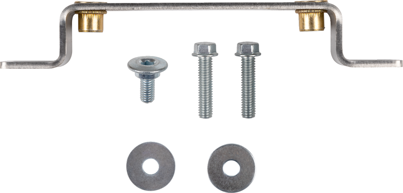 A metal bracket with gold-colored ends, two silver screws, one silver bolt, and two round washers are arranged on a white background. The parts appear organized in a neat, horizontal and vertical alignment.