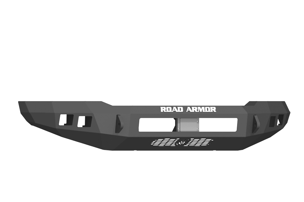 The 2017-2021 Ford Raptor Stealth Front Non-Winch Bumper in textured black features an angular steel design with light cutouts, a vented lower section, and bold ROAD ARMOR lettering—rugged and geometric for off-road protection on a transparent background.