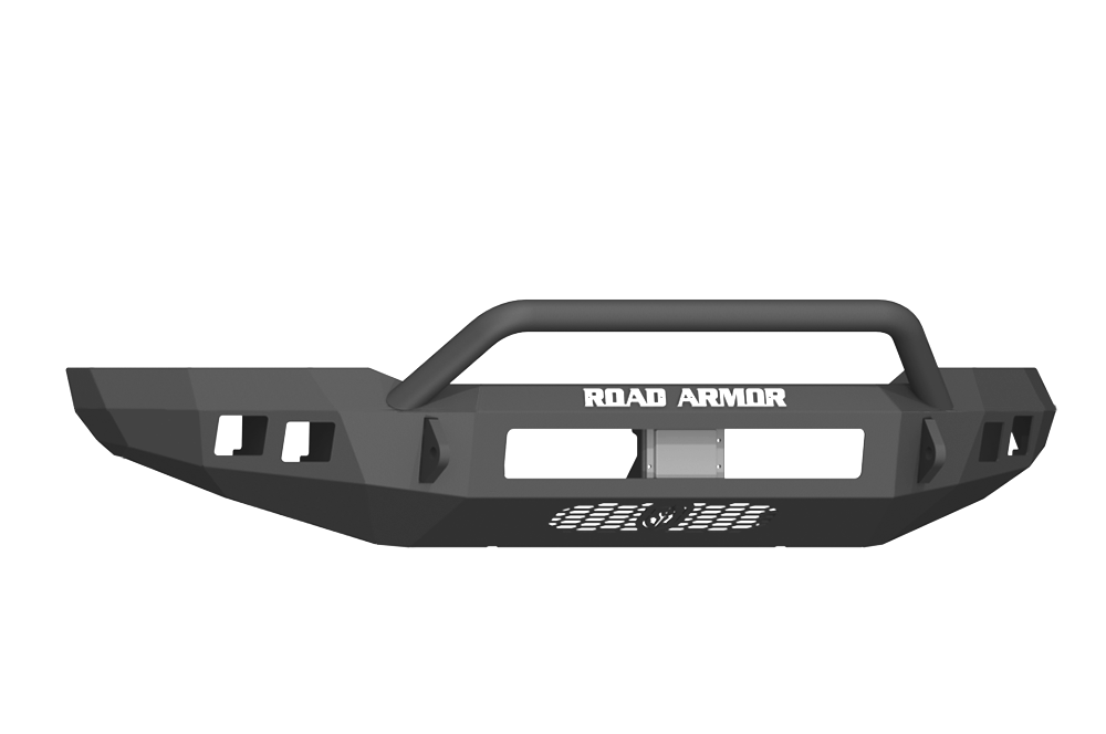 The 2017-2021 Ford Raptor Stealth Front Non-Winch Bumper Pre-Runner Guard in texture black features angular edges, cutout light mounts, a central mesh vent, raised bar, and ROAD ARMOR above the vent; shown on a white background.
