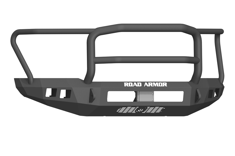 The 2017-2021 Ford Raptor Stealth Front Non-Winch Bumper Lonestar Guard in texture black features a heavy-duty build, integrated grille guard, angular contours, mesh center panel, square light cutouts, and a white ROAD ARMOR logo for durable off-road prot