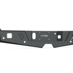 The 2017+ Ford F-250 Spartan Rear Bumper by Road Armor features a textured black finish, angular metal design with multiple cutouts, mounting points, and a rugged style ideal for off-road vehicles.