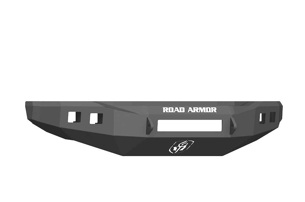 A textured black 2017+ Ford F-250 Stealth Wide Fender Flare Front Non-Winch Bumper with angular edges, ROAD ARMOR label at top center, logo at bottom center, and multiple attachment slots on both ends.
