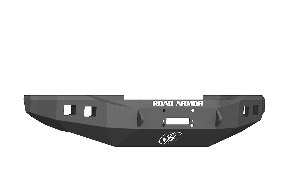 The image shows a 2017+ Ford F-250 Stealth Wide Fender Flare Front Winch Bumper in textured black for the Warn 16.5Ti, featuring an angular matte black steel design, “ROAD ARMOR” at the top, accessory cutouts, and a centered logo.