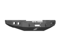 The image shows a 2017+ Ford F-250 Stealth Wide Fender Flare Front Winch Bumper in textured black for the Warn 16.5Ti, featuring an angular matte black steel design, “ROAD ARMOR” at the top, accessory cutouts, and a centered logo.