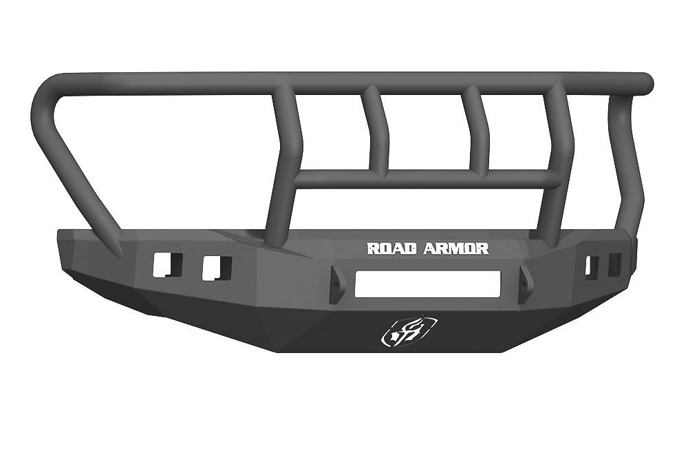 A textured black metal Stealth Wide Fender Flare front bumper for 2017+ Ford F-250 by Road Armor, featuring the Titan II Guard, angular design, multiple cutouts, and a white logo at the center.