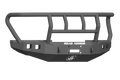 The 2017+ Ford F-250 Stealth Wide Fender Flare Front Winch Bumper Titan II Guard Wide Flare features heavy-duty textured black steel, a grille guard, angular design, light cutouts, winch openings, and the ROAD ARMOR logo in white on the front center.