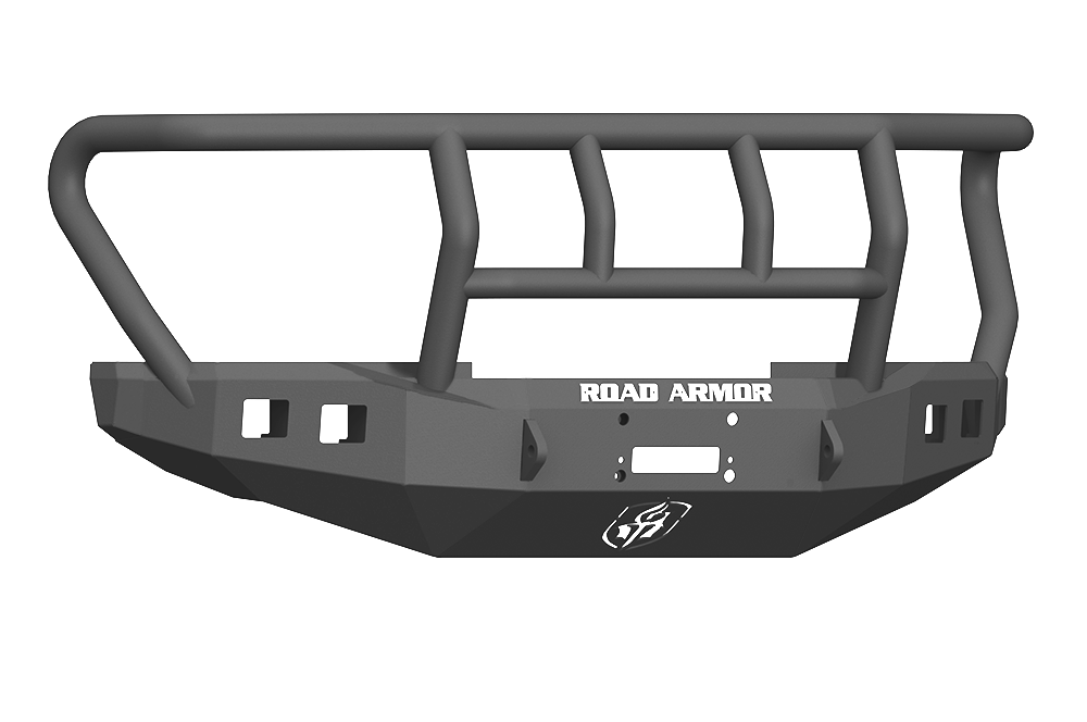 The 2017+ Ford F-250 Stealth Wide Fender Flare Front Winch Bumper Titan II Guard Wide Flare features heavy-duty textured black steel, a grille guard, angular design, light cutouts, winch openings, and the ROAD ARMOR logo in white on the front center.