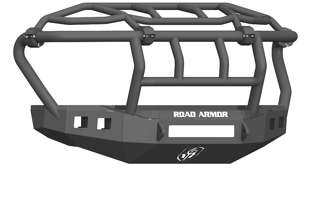 The 2017-2021 Ford F-250 Stealth Wide Fender Flare Front Non-Winch Bumper Intimidator Guard features a textured black finish, angular lines, reinforced bars, accessory cutouts, and ROAD ARMOR branding for durability and protection.