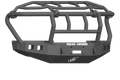 The 2017-2021 Ford F-250 Stealth Wide Fender Flare Front Winch Bumper Intimidator Guard in textured black features angular lines, mounting points, and a tubular protective frame for robust off-road protection. Compatible with Warn 16.5Ti.