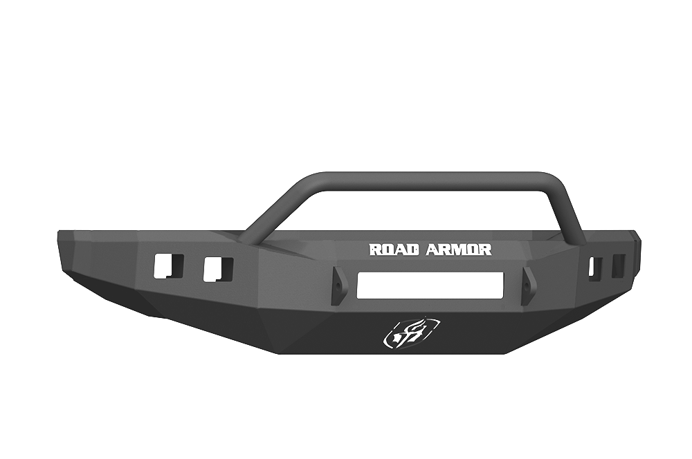 The 2017+ Ford F-250 Stealth Wide Fender Flare Front Non-Winch Bumper Pre-Runner Guard in textured black features angular edges, a bull bar, multiple cutouts, “ROAD ARMOR” in white on the front, and a centered stylized logo below.