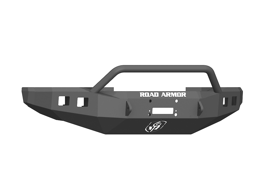 The 2017+ Ford F-250 Stealth Wide Fender Flare Front Winch Bumper Pre-Runner Guard in texture black features a Warn 16.5Ti mount, angular edges, dual light cutouts per side, central logo, and bold ROAD ARMOR label above a tubular grille guard.