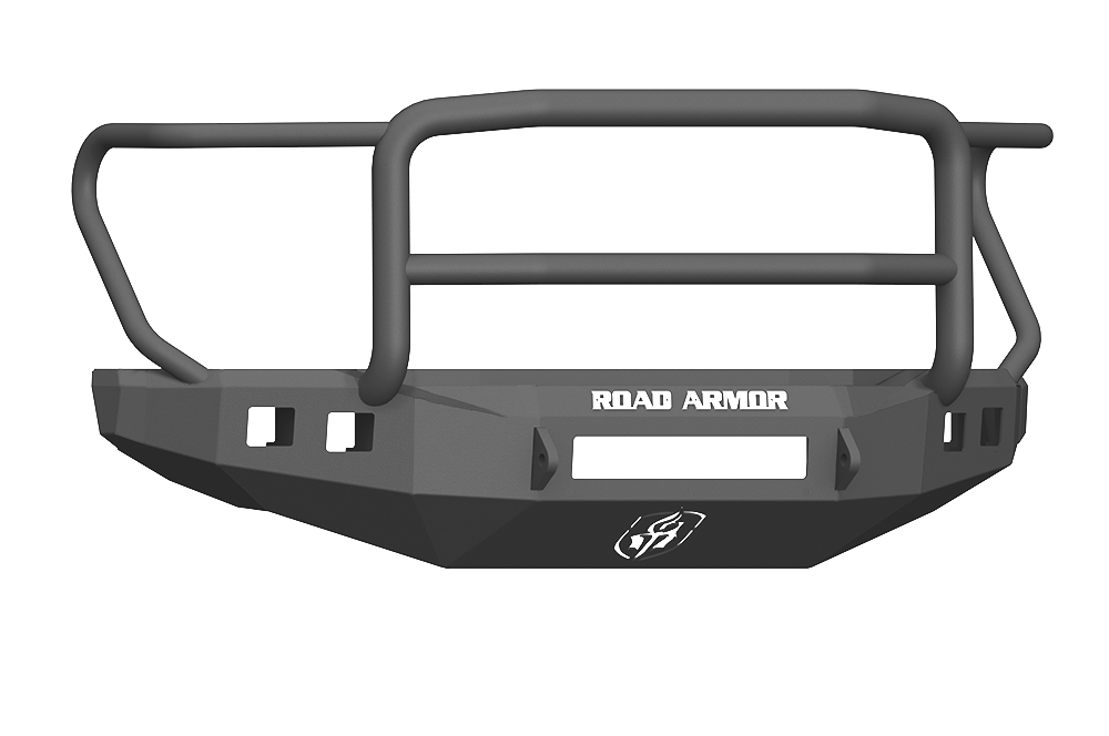 The 2017+ Ford F-250 Stealth Wide Fender Flare Lonestar Guard Front Bumper in texture black features angled edges, a sturdy tubular grille guard, and displays “ROAD ARMOR” in white above the logo for rugged front-end protection.