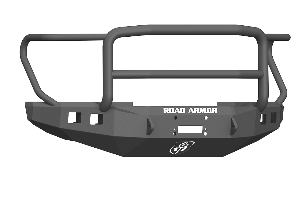 A rugged, textured black Stealth Wide Fender Flare front winch bumper for 2017+ Ford F-250, featuring angular lines, built-in square cutouts, a sturdy Lonestar Guard grille guard, and WHITE ROAD ARMOR branding. Fits Warn 16.5Ti. Suitable for off-road use.