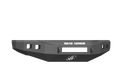 The 2017+ Ford F-250 Stealth Front Non-Winch Bumper in texture black features a matte finish, angular edges, and multiple cutouts. ROAD ARMOR is printed at the top center with an engraved emblem below, giving it a rugged, industrial look.